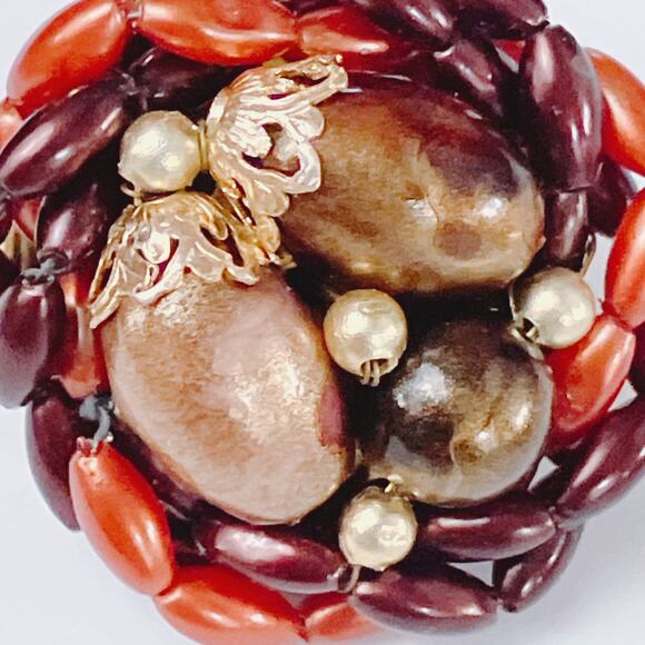 Vintage Hong Kong Beaded Cluster Clip On Earrings Mid Century 1960s Autumn Tones - Picture 6 of 10